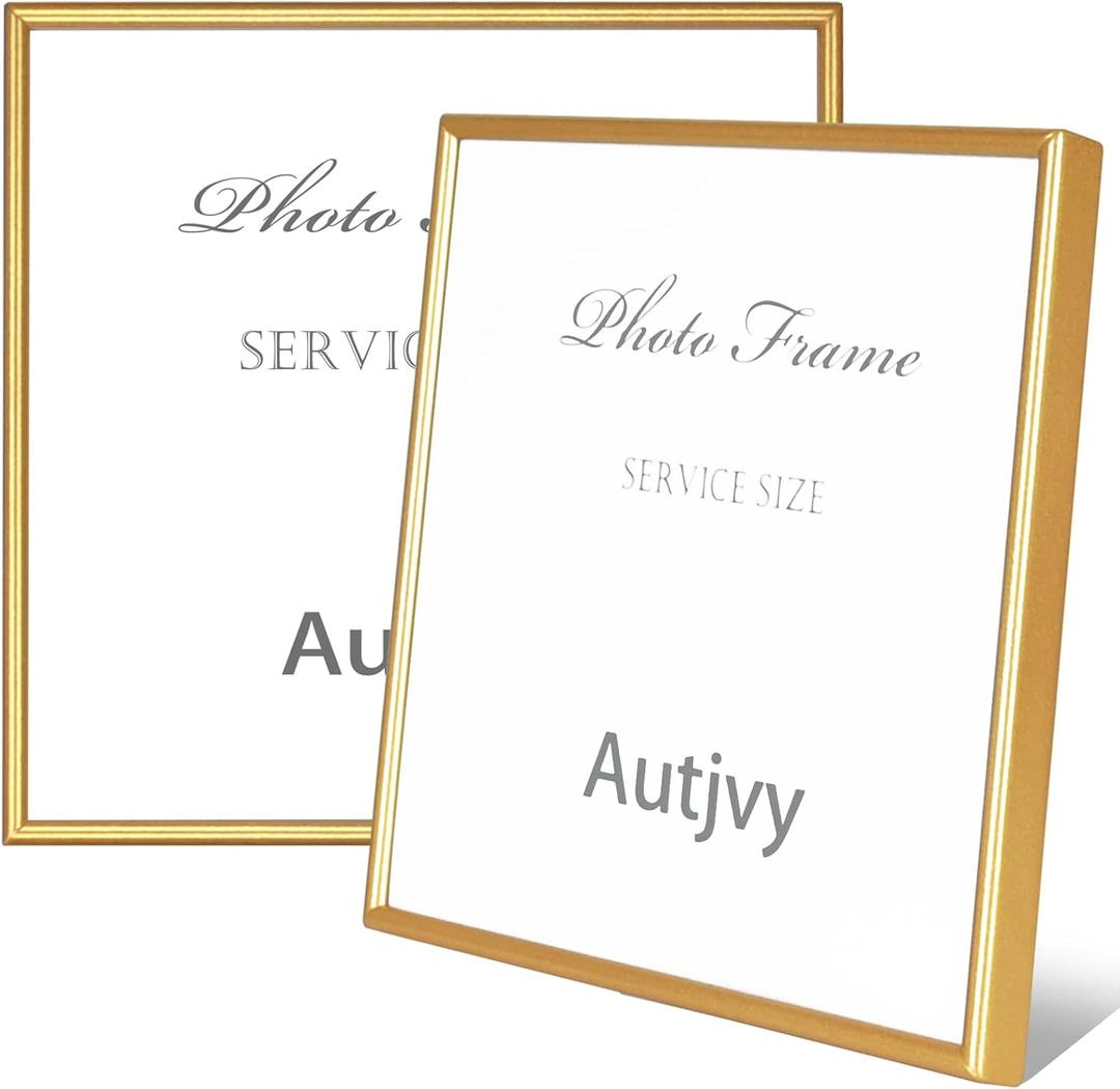 Autjvy 4x4 Picture Frame Matte Gold Modern Simple Thin Aluminum Metal Photo Frame with HD Real Glass, Display for Tabletop and Wall Collage. (2 Pack)
