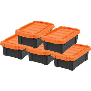 IRIS USA 3 Gallon Lockable Storage Bins with Lids, 5 Pack - Made in USA, Heavy Duty, Stackable Containers, Garage Organizing Bins Moving Tubs, Rugged Sturdy Equipment Utility Box - Black/Orange