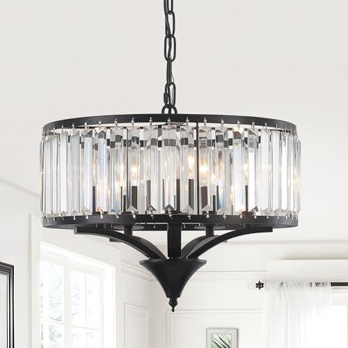Bosomfr Modern Farmhouse Crystal Chandeliers for Dining Room, 5-Light Black Antique Pendant Chandelier, Contemporary Hanging Light Fixture for Living Room Bedroom Foyer Kitchen Island Entryway