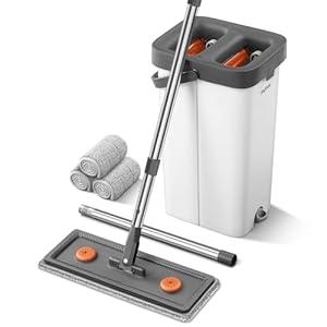Mop and Bucket with Wringer Set for Home, Flat Mop Bucket Set with 3 Washable Microfiber Pads, Wet and Dry Mop with Long HandleWall Cleaner for All Floor Types and Windows