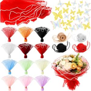 Gilprop 12 Pcs Mother's Day Flower Wrapping Mesh Paper Kit, 11 Inch x 4 Yard Wavy Pearl Edge Flower Bouquet Packaging Mesh Florist Supplies with 4 Ribbons and 24 3D Butterflies for Mother's Day