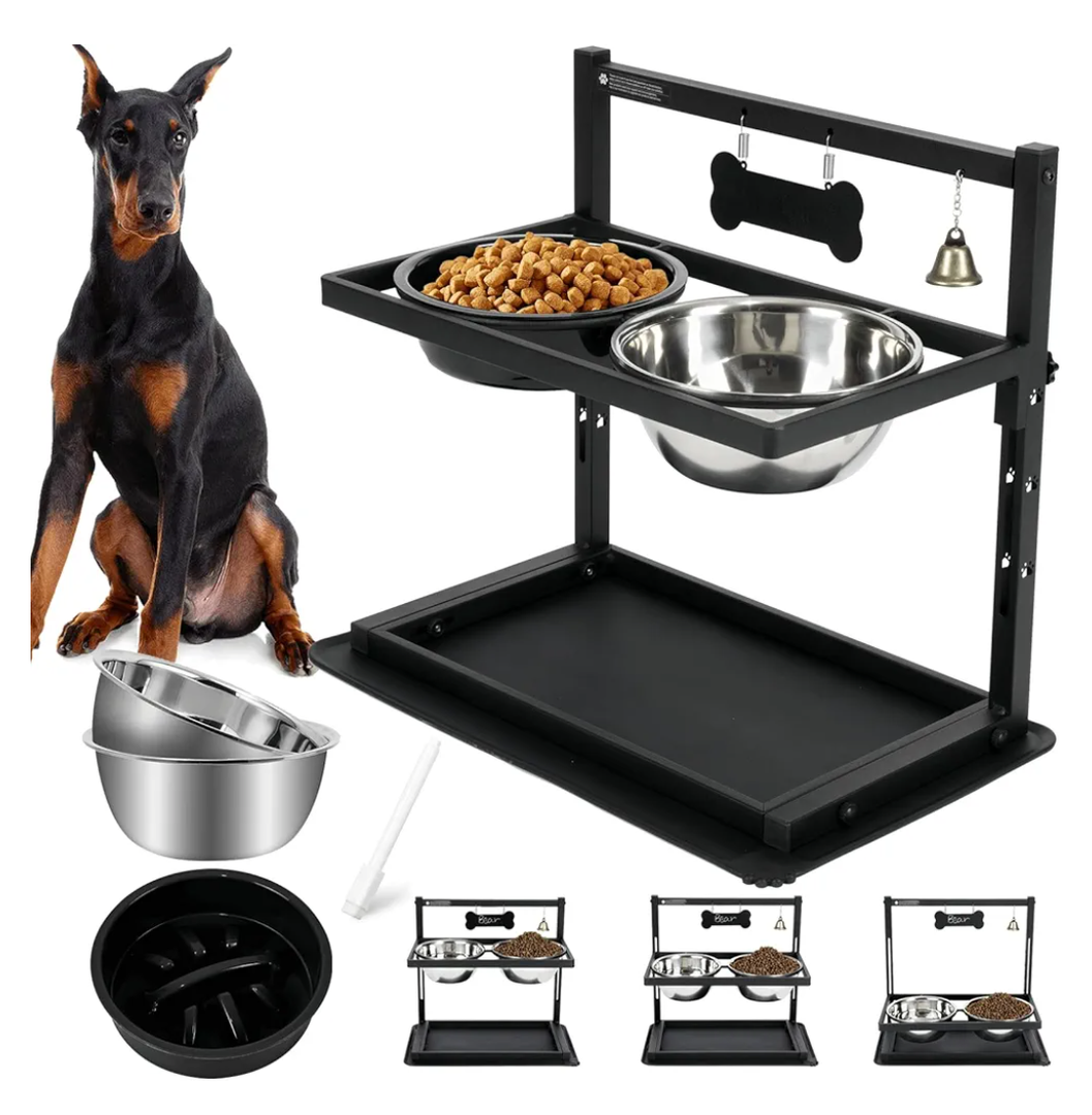 Elevated Dog Bowls with Slow Feeder for Large Dogs – Adjustable Raised Stand with 2 Stainless Steel Bowls & Spill-Proof Mat, Non-Slip Dog Feeder for Large & Medium Dogs (Black)
