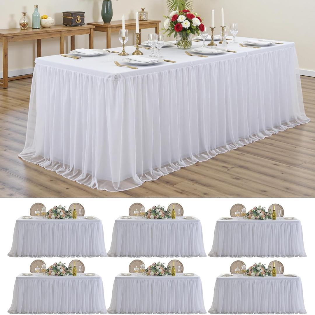 White Tulle Tablecloth for 6 Ft Rectangle Tables 6-Pack, Ideal for Weddings | Double-Layer Table Cover with Tutu Skirt, Wrinkle Free for Baby Showers, Birthday Parties, Banquet Buffets and Craft Fairs