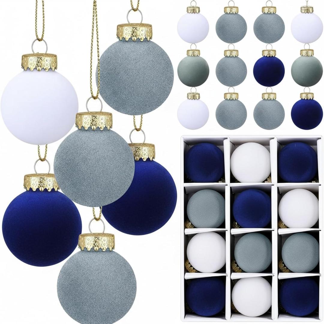 30 Pcs Dusty Blue Velvet Christmas Balls Bulk 3.15 Inch Flocked Christmas Tree Ball Ornaments, Plastic Xmas Decorative Shatterproof Hanging Ornaments Bulb Loop for Party Holiday