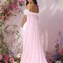JustVH Women's Maternity Mesh Off Shoulder Chiffon Maxi Photoshoot Dress for Baby Shower Cloak Outfit Maxi Photography Gown (Pink, M)