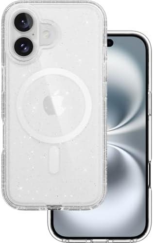 MAGEASY Case for iPhone 16 6.1" - Never Yellowing Crystal Clear Glitter Case with Sparkle, 16ft Drop Protection, Compatible with MagSafe | Bright M - Luminous Clear