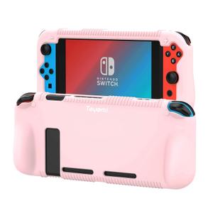 Teyomi Protective Silicone Case for Nintendo Switch, Grip Cover with Tempered Glass Screen Protector, 2 Storage Slots for Game Cards, Shock-Absorption & Anti-Scratch (Pink)