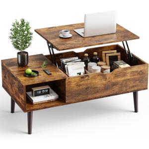 OLIXIS Wooden Coffee Table, Lift Top Coffee Table with Large Hidden Compartment and Ample Storage Shelf, Lift Tabletop Dining Table for Living Room, Home Small Space, Rustic (19.7 inches x 39.4 inches x 6.3 inches)