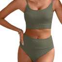 ANRABESS Women High Waisted Bikini Sets Color Block Summer Beach Vacation 2 Piece Bathing Suit Tummy Control Ribbed Swimsuit (Small, Army Green)