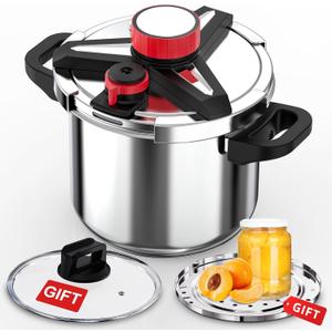 18/8 Stainless Steel Pressure Cooker 8 Qt, [One-Hand Locking] Olla de Presion, [3-In-1] Pressure Cooker, Induction,Gas Stovetop Compatible, Includes Glass Lid & Steamer Rack