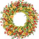 26" Floral Wreath, Artificial Spring Wreaths for Front Door, with Wildflower Portulaca Flowers, Indoor Outdoor Porch Window Wall Home Decor for Valentines Day Easter, Summer & Wedding Orange