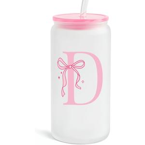 SANDJEST Monogrammed Glass Drinking Can Cup with Acrylic Lid and Straw, Personalized Frosted Iced Coffee Tumbler 16oz, Monogram Initial Gifts for Women Girls on Birthday (D)