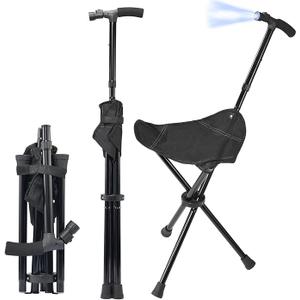 Cane with Seat Foldable Lightweight Walking Cane with LED Light Adjustable Walking Stick for Seniors