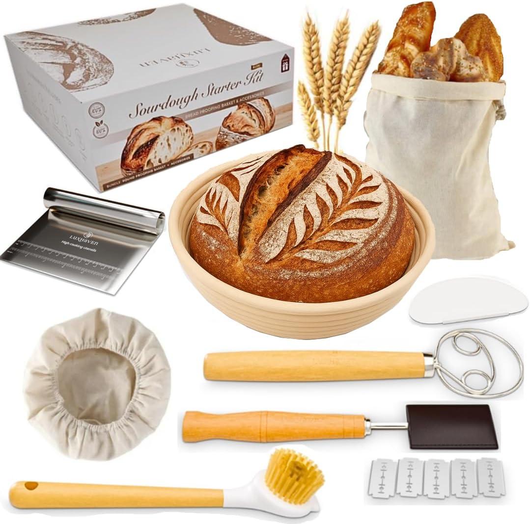 Sourdough Bread Baking Supplies Kit  9 Inch Round Banneton Proofing Basket with Liner, E-Recipe Book, Danish Dough Whisk, Bench Scraper, Scoring Tool & Storage Bag  Sour Dough Tools
