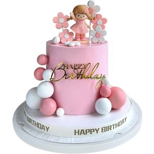 20 PCS Princess Cake Topper Balls Cake Decorations with Gold Happy Birthday Sign for Birthday Party Decorations (Pink)
