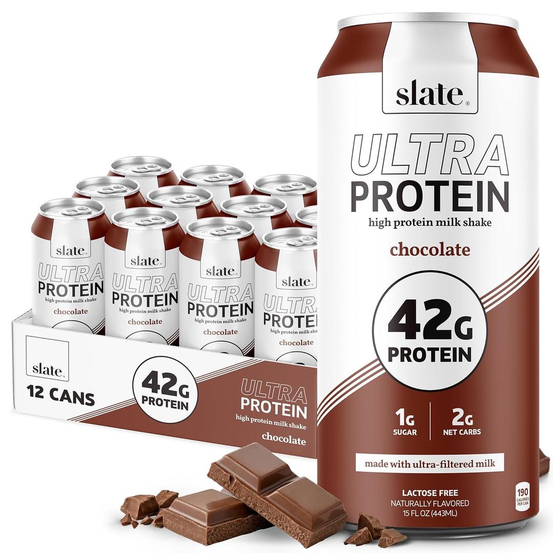 Slate Milk - Ultra Protein Shake - Chocolate - 42g Protein, 1g Sugar, 190 Calories, 2g Net Carbs - Lactose Free, No Added Sugar - Made with Ultra Filtered Milk - Breakfast Boost, Post Workout - 15 fl oz, 12 Cans, Best By 28 JAN 2027