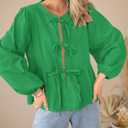 PRETTYGARDEN Women's Spring Fall Babydoll Peplum Blouse Shirt Puff Long Sleeve Bow Tie Front Trendy Cute Y2K Going Out Tops (Green, L)