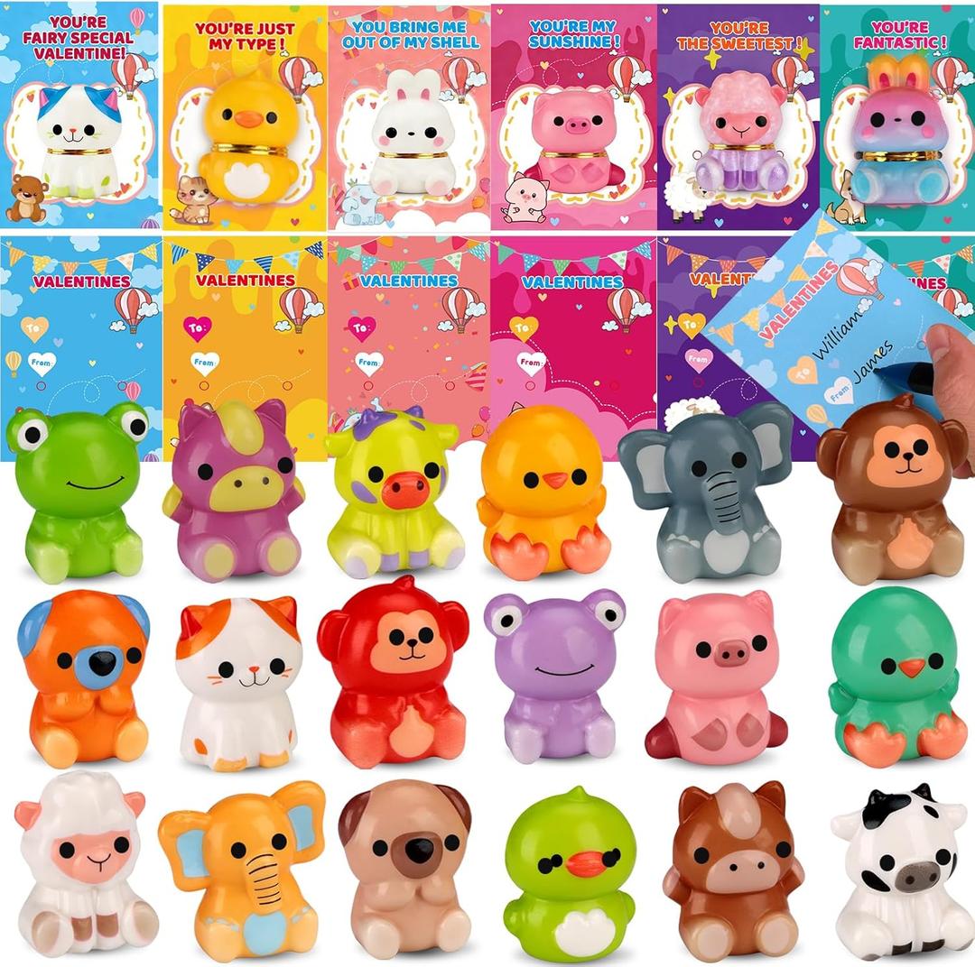Budbof Valentines Day Gifts for Kids 24PCS Animal Squishy Toys, Slow Rising Stress Relief Toys, Goodie Bag Stuffers, Party Favors for Classroom Prizes