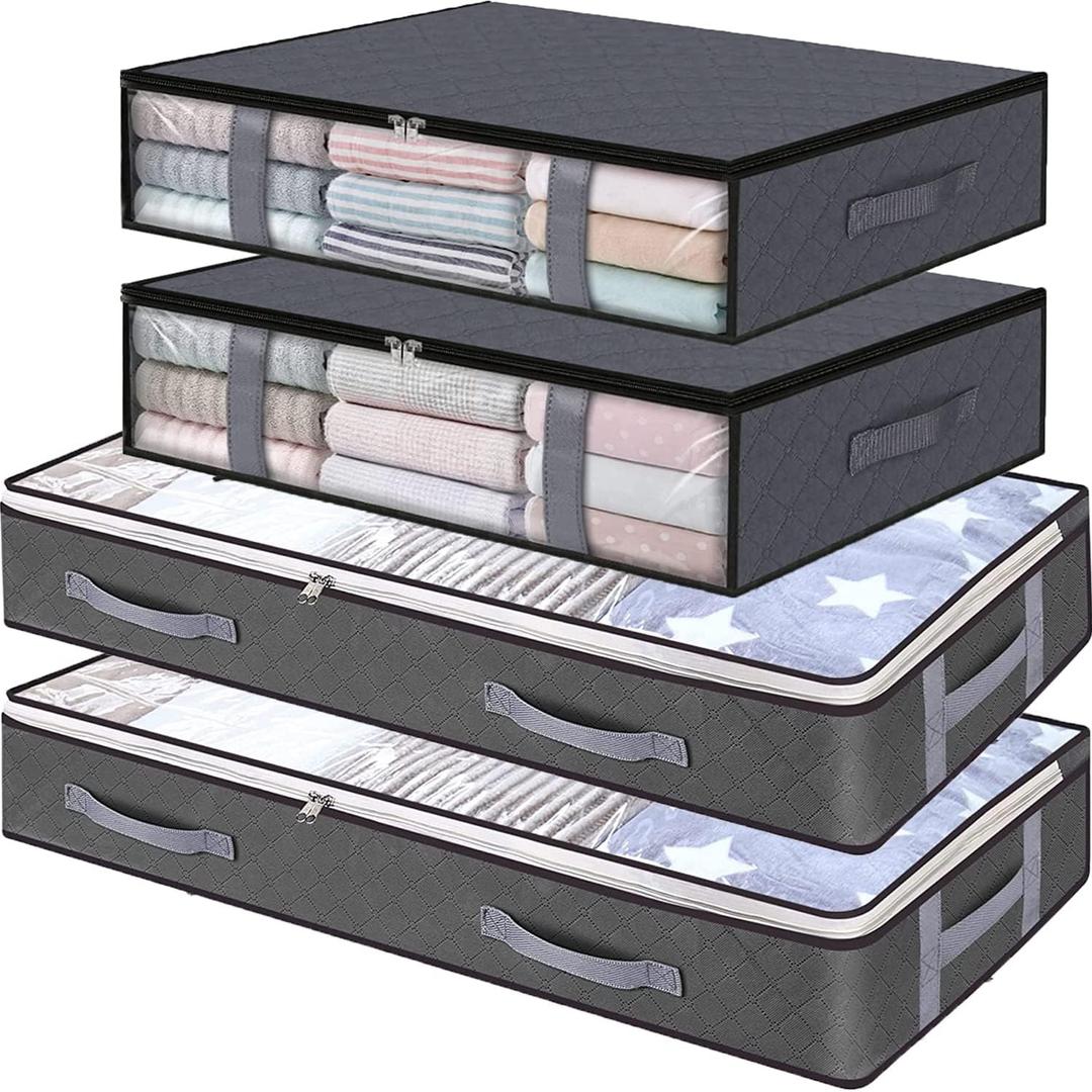 Under Bed Storage Large Underbed Storage Bags Organizer Container Blankets Clothes Comforters Foldable Storage Bags With Clear Window Foldable Travel Bedroom Storage Storage Bags with (Grey-a, A) 20x40 inch, 4 pack