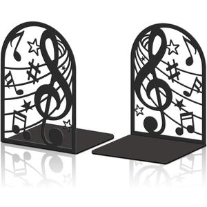 2pcs Music Book Ends Metal Heavy Duty Book Shelf Holders Music Notes Large Bookends for Shelf Decor for Office Home Library Modern Geometric Black Back to School