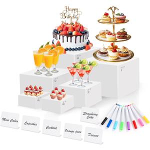 6 Pcs White Acrylic Buffet Risers with Mini Sign and Maker, Food Display Stands for Buffet Table Party Catering Dessert Jewelry Collectibles, Nesting Cube Boxes with Hollow Bottoms (8",7",6",5",4",4")