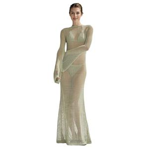 ZGMYC Women's Crochet Knit Maxi Dress Sexy Backless See Through Bathing Suit Cover Up Flared Long Sleeve Beach Dress Large