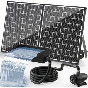 POPOSOAP 55W Solar Fountain Pump with Pond Waterfall Box, 304 Stainless Steel Pond Waterfall Spillway, Pond Spillway with 9.8FT PU Corrugated Tubing for Garden Water Features-P5552