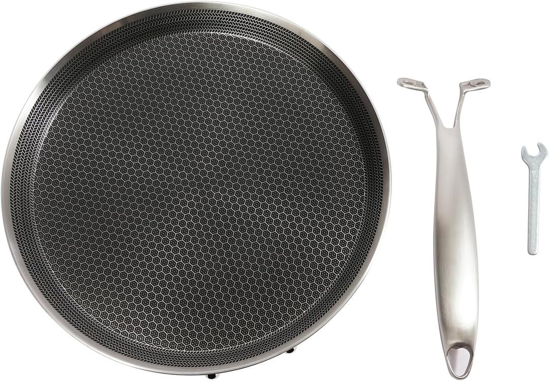 LYNICESHOP Stainless Steel Crepe Pan,11 Inch Nonstick Pancake Pan with Honeycomb Texture, 304/430 Stainless Steel And Aluminum, Induction Compatible, Ideal for Crepes, Eggs, Pizza (Silver/Black)
