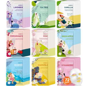 KONEUK 72 Pack Bulk Hydrating Face Masks Skincare, Collagen Sheet Face Mask for Dry, Oily Skin, Spa Gifts for Women Skin Care, Sleepover Party Supplies, Party Favors, Birthday Gifts (9 Types x 8 Pcs)
