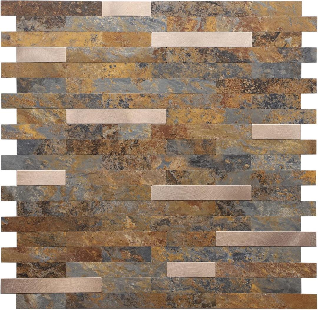 STICKGOO Peel and Stick Backsplash, PVC Wall Tiles Stick on Backsplash for Kitchen(1 Sheet, Rust Brown with Metal Gold)