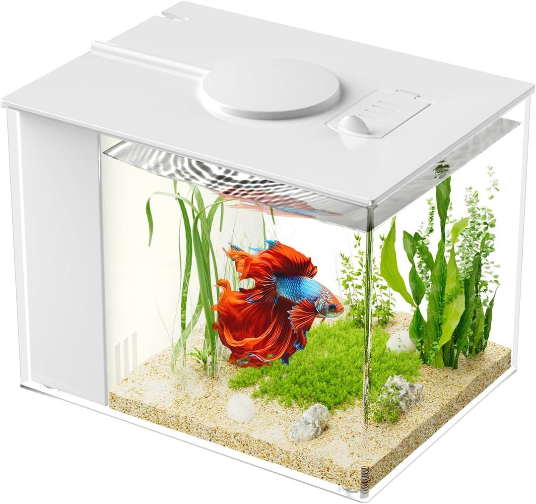 2.9L (0.78 Gal) Betta Fish Aquarium, Acrylic Small Fish Tank Kit with Water Filter Pump & LED Light, Ideal for Small Fish, Plants and Shrimp, White