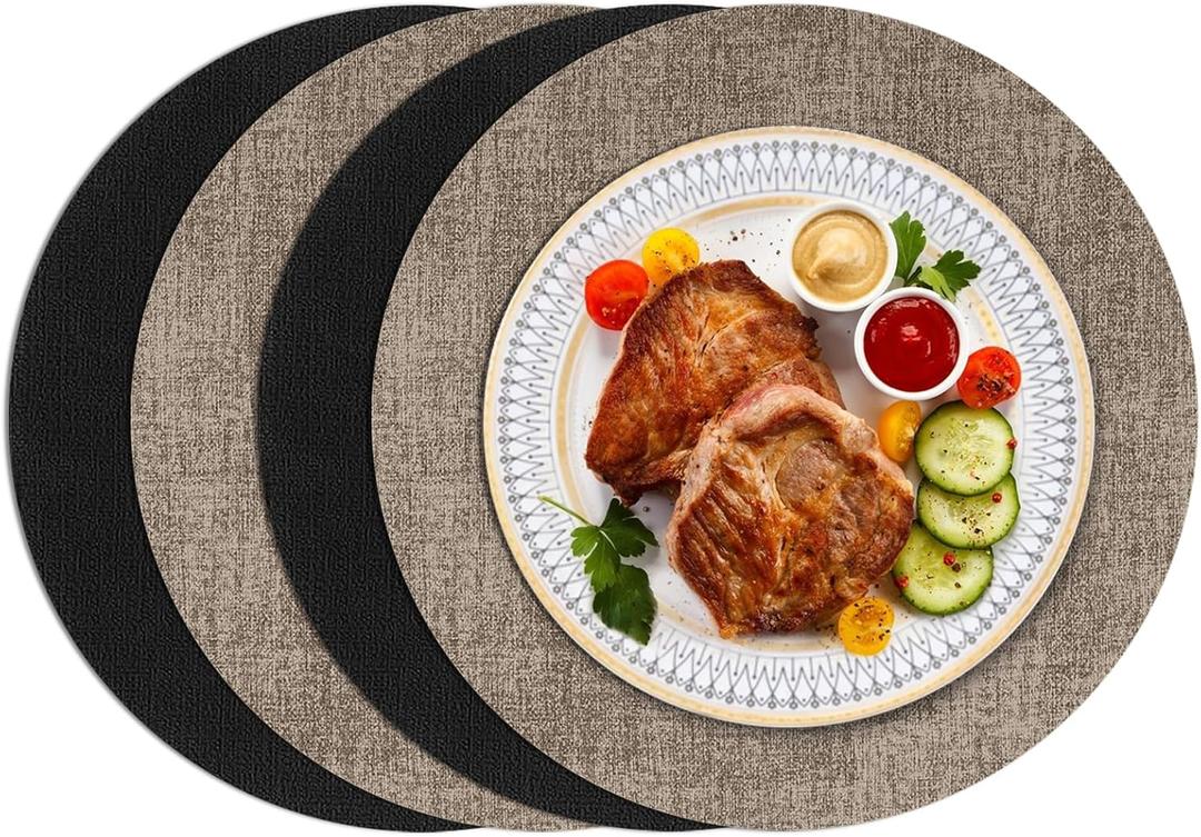 Round Placemats Set of 4, Faux Leather Heat Resistant Place Mats Reversible Waterproof Oil-Proof Non-Slip Wipeable Mat for Kitchen Dining Table Indoor Outdoor, Black Khaki