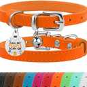 BRONZEDOG Leather Cat Collar with Removable Bells Non Breakaway Kitten QR Tag for Girl Boy (7" - 9" for Cats, Orange & Silver)