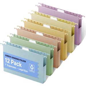 XINGIA Legal Size Hanging File Folders Extra Capacity, Heavy Duty 1'' Expansion Hanging Folders for Filing Cabinet, 12 Pack Wheat Straw File Folders Hanging with Tabs, Pastel File Organizer for Office
