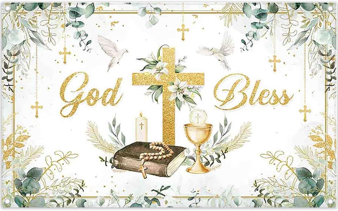 72x43inch Fabric Greenery God Bless Backdrop Gold Cross First Holy Communion Baptism Photography Background Newborn Party Baby Shower Decorations Photo Props