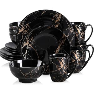LOVECASA Black Plates and Bowls Sets for 4, Porcelain Dinnerware Sets 16 Piece Gold Splash Glaze Ceramic Dish Set, Round Dinner Set with Mugs, Dishwasher Microwave Safe