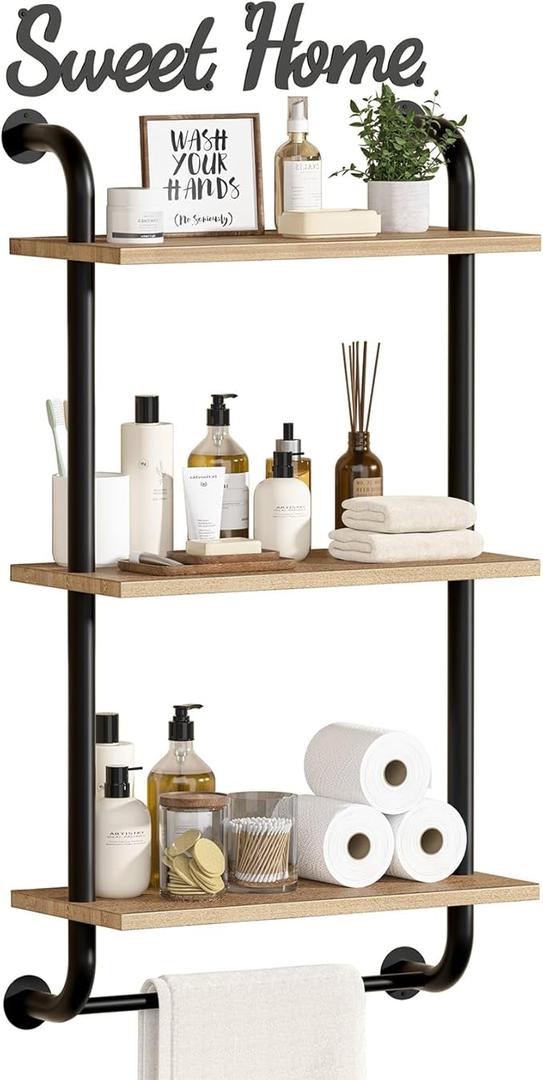 Tinpin Bathroom Shelves Wall Mounted, 3Tier Rustic Wood Wall Shelf, 17.3 inch Industrial Pipe Floating Shelf for Bathroom,Kitchen,Bedroom,Living Room,Brown