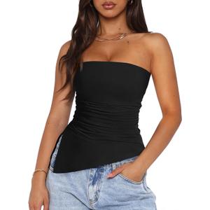 PRETTYGARDEN Womens Tube Top 2025 Summer Trendy Strapless Tops Going Out Outfits Ruched Asymmetrical Bandeau Shirts (XX-Large, Black)
