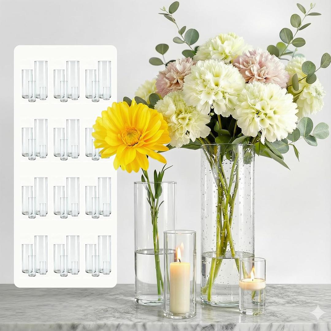 Sandraheer 48-Pack Clear Glass Cylinder Vases, 4 Sizes (4/6/8/10 Inch) - Hurricane Floating Candle Holders & Flower Vases for Wedding, Table Centerpiece, Home Dcor