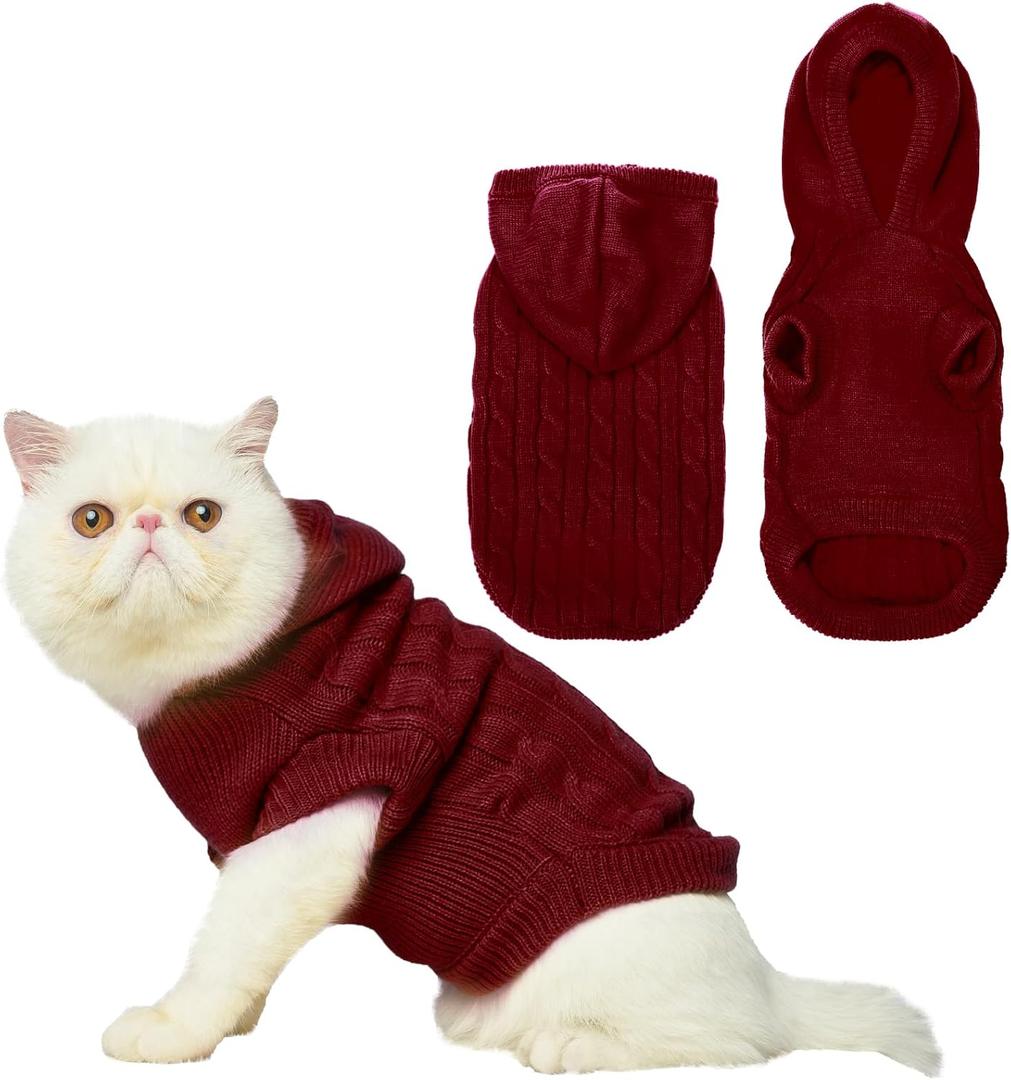 PUPTECK Winter Dog Cat Sweater Coat - Soft Cold Weather Clothes Knitwear for Kitties & Dogs Indoor Outdoor Walking Warm, Knitted Classic for Doggies Kitties Girls Boys, Dark Red M (M: Chest 13.8in, Back 14in)