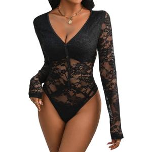 xxxiticat Women's Long Sleeve Bodysuit Sheer Mesh See Through V Neck Button Down One Piece Black Floral Lace Jumpsuit (Large)