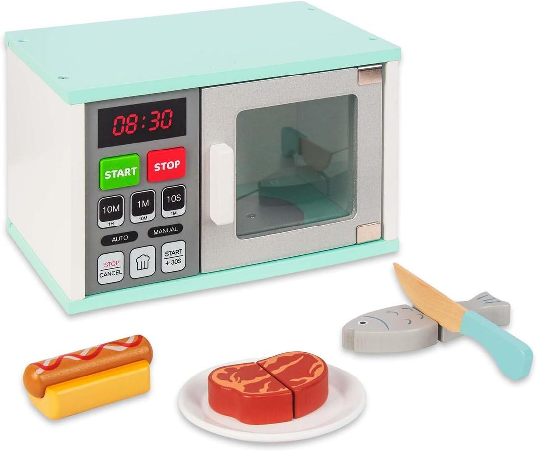WOODENFUN Toddler Play Kitchen Toys, Wooden Microwave Oven with Light and Realistic Sound, Pretend Play Kitchen Accessories, Learning Toy Birthday Gifts for Boys Girls 3-8 Year Old