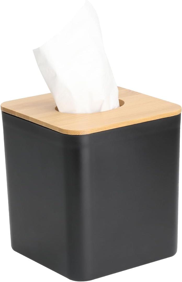 Modern Tissue Box Cover with Bamboo Lid, Square Design, Black