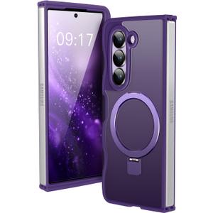 [Magnetic Stand & Wave Frame] Case for Samsung Galaxy Z Fold 5 [Fit for MagSafe] [Military Drop Protective] Not Yellowing Translucent Z Fold 5 Phone Ring Cover for Women Men 7.6" Purple