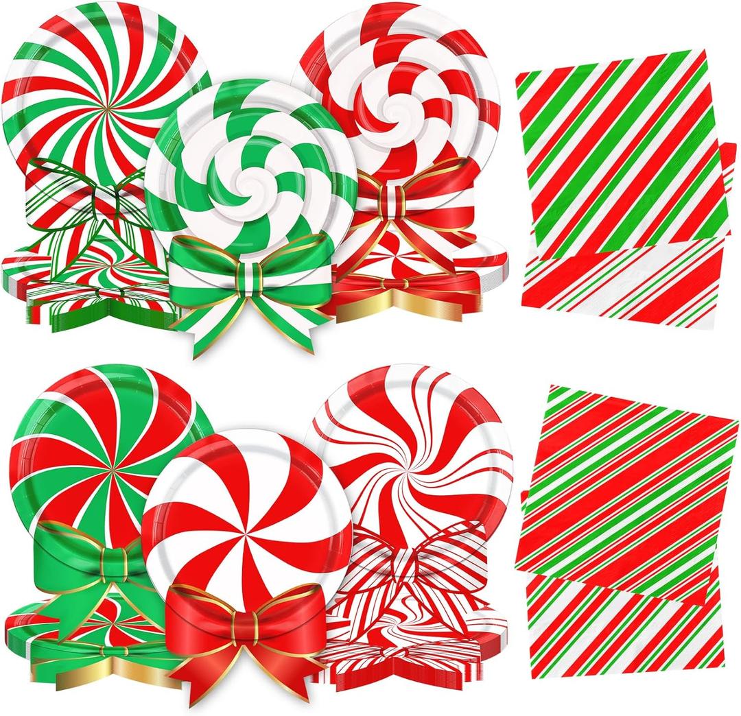 2 x HAKOTI Peppermint Christmas Decorations Tableware, Candy Christmas Decorations includes Peppermint Plates and Peppermint Napkins, Candy Cane Plates and Napkins for Peppermint Candy Decorations