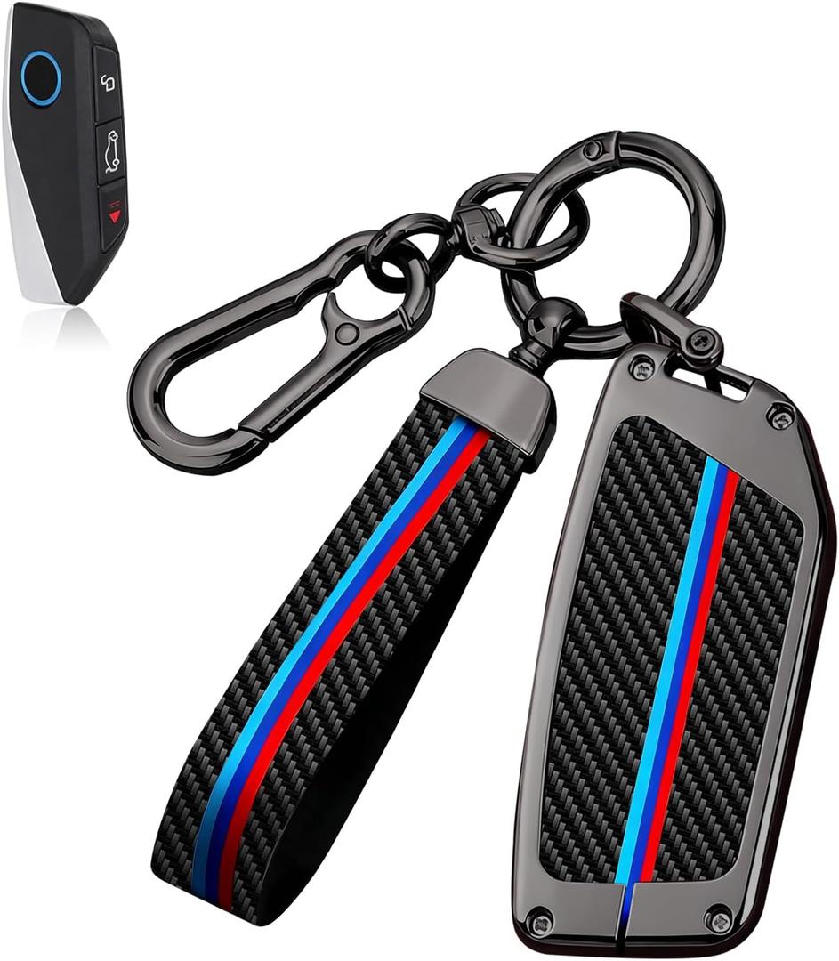 for BMW Key Fob Cover with Keychain, Carbon Fiber Metal Key Fob Case Fit for BMW 2025 2026 New X5 X7 7 iX X6 i5 M60 i7 Series, Full Protection Car Key Cover Shell Accessories for Man and Woman