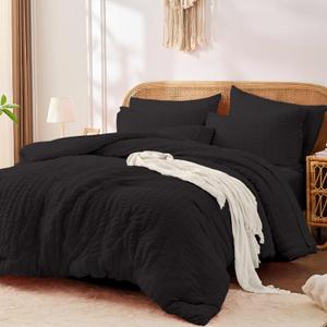 FUANNA Full Size Comforter Sets 7 Pieces, Luxury Seersucker Bed in a Bag Full for All Seasons, Soft Bed Sets with Comforter, Flat Sheet, Fitted Sheet, Pillowcases & Shams for Bedroom, Black