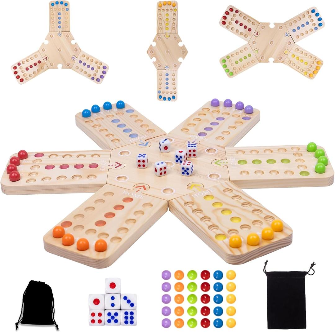 Original Marble Board Game Set, Portable Wooden Tabletop Game with 30 Marbles and 7 Dice for Family Party Nights (2-6 Players)