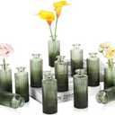 UPBUD Green Glass Bud Vases Set of 12, Mini Ribbed Flower Vase for Centerpieces, Small Glass Vases in Bulk for Wedding Decorations, Vintage Vase for Table, Housewarming Gift, Home Décor