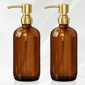 AmazerBath Amber Glass Soap Dispenser with Pump Stainless Steel, 17OZ Luxury Gold Hand Soap Dispenser, 2 Pack Modern Vintage Bathroom Hand Soap Dispensers Kitchen